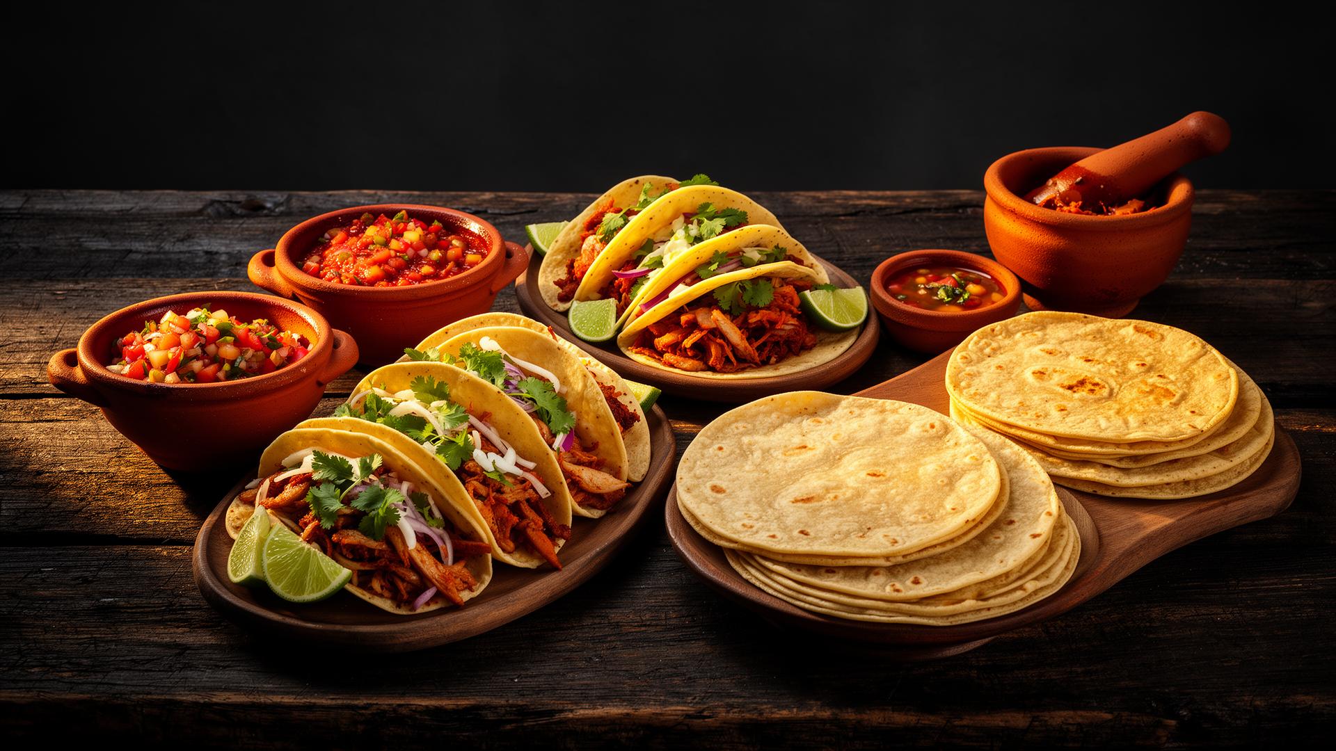 Authentic Mexican spread of tacos, salsas, and handmade tortillas